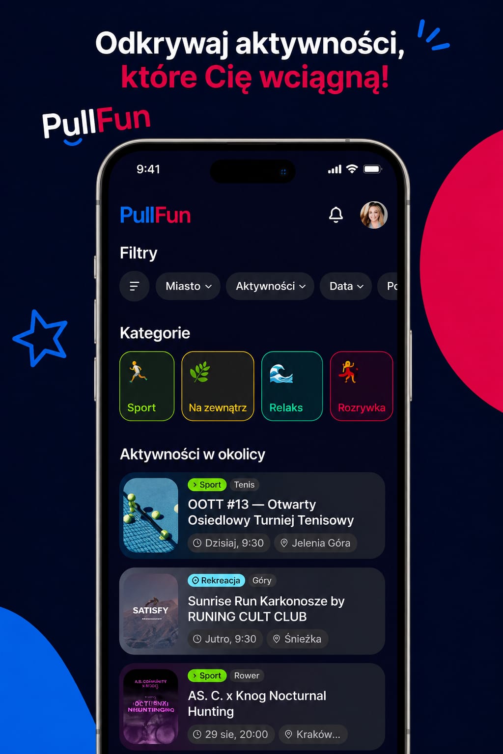 Grafika prezentacyjna PullFun — kategorie i aktywności w okolicy